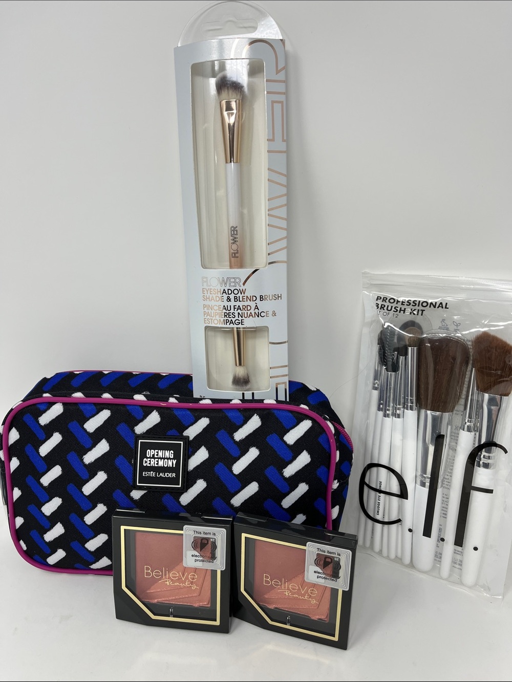 BEAUTY BUNDLE OPENING CEREMONY BAG FLOWER AND ELF BRUSHES BELIEVE BEAUTY BLUSH